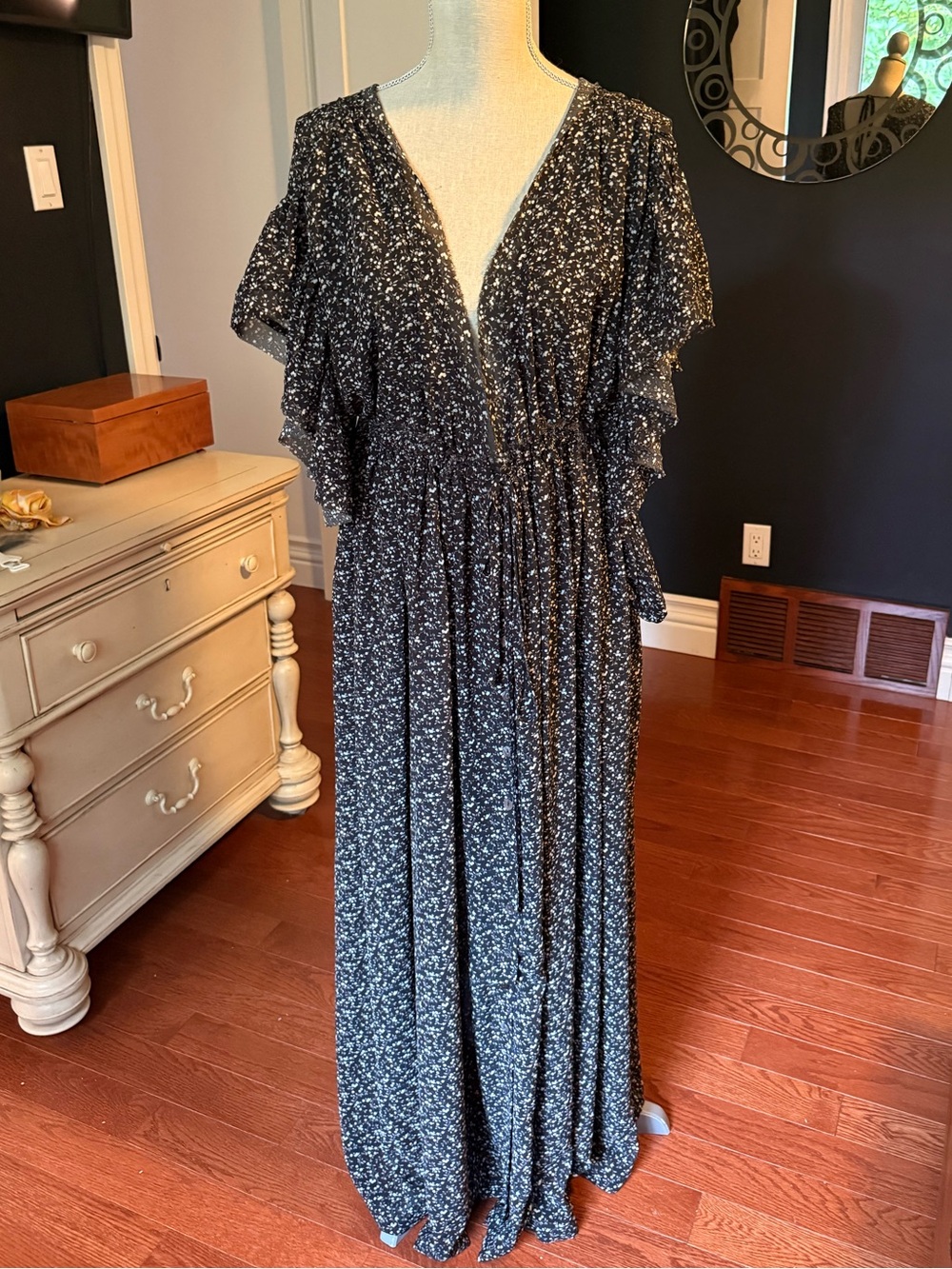 Women's Black Floral Maxi Dress with Ruffle Sleeves